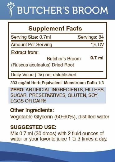 Secrets of the Tribe Butcher's Broom Alcohol-Free Liquid Extract, Butcher's Broom (Ruscus aculeatus) Dried Root Tincture Supplement (2 FL OZ)