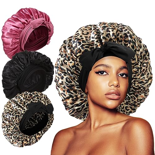 3Pcs Silk Bonnet for Sleeping, Satin Hair Bonnets for Black Curly Hair Women Jumbo Bonnet with Tie Band Braids (Black Leopard Rose-pink)