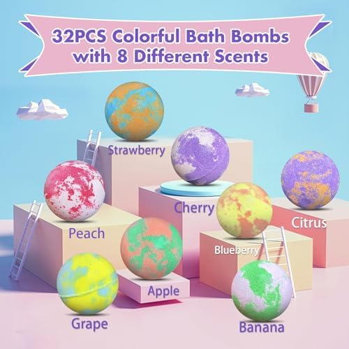 Bath Bombs for Kids with Surprise Inside, 32 Pack Bath Bombs with Land & Sea Animal Toys, Handmade Fizzy Bubble Children Bath Ball Gift Set for Kids Birthday, Christmas, Mothers Day Gifts for Daughter