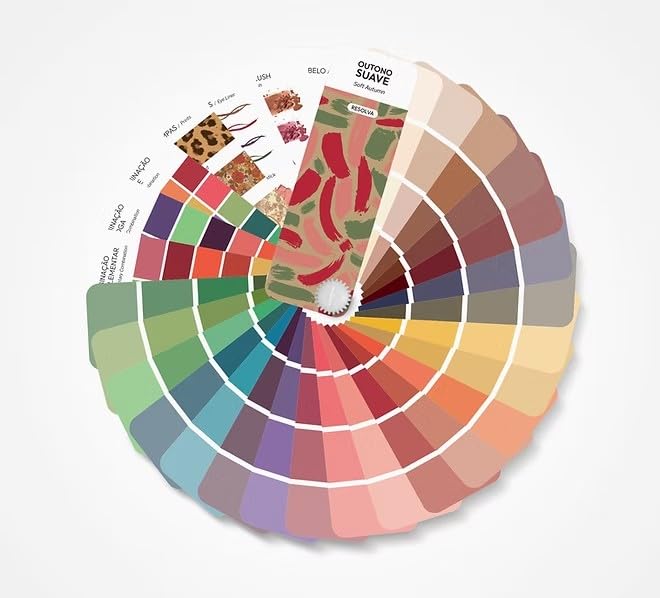 Bilingual Soft Autumn Palette Color Fan by Resolva Meu Look, Personalized Guide for Cost Saving, Smart Shopping, Outfit & Wardrobe Planning; Outono Suave/Otoño Suave