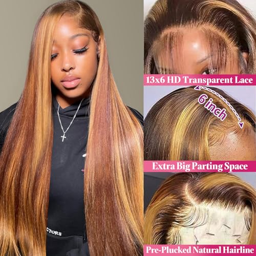 30 Inch Honey Blonde 13x6 Hd Lace Frontal Wig Human Hair 200% Density 13x6 Straight Ombre Lace Front Wigs Human Hair Highlight Honey Blonde Wig Pre Plucked with Baby Hair for Women