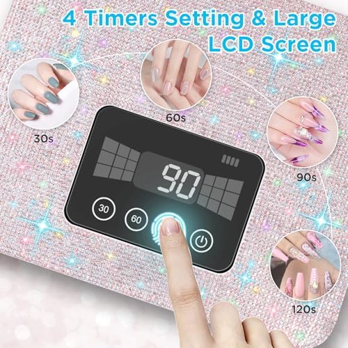 Cordless UV Nail Lamp, Rechargeable UV Light for Gel Nails, LED Nail Lamp with 4 Timer Modes, Gel Nail UV Light Decorate with Sparkling Nail Rhinestones (Sparkly White)