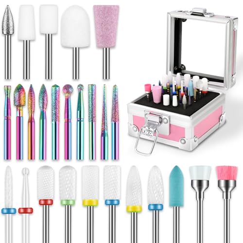 26PCS Nail Drill Bits Set with Holder Case, 3/32 inch Ceramic Safety Bits for Nail Drill, Diamond Cuticle Efile Nail Drill Bits, Remover Bits for Acrylic Gel Nail Tech Manicure Pedicure, Home Salon
