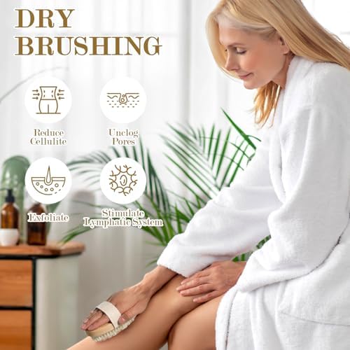 4pcs Dry Brushing Body Brush, Natural Bristle Dry Skin Exfoliating Brush Body Scrub for Flawless Skin, Cellulite Treatment, Lymphatic Drainage and Blood Circulation Improvement, White