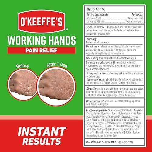 O'Keeffe's Working Hands Pain Relief Cream Skin Protectant with 4% Lidocaine and Cooling Peppermint Oil for Instant Relief from Pain, Itching, Irritation and Dryness, 3oz Tube