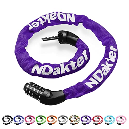 NDakter Bike Chain Lock, 5-Digit Combination Anti-Theft Bicycle Lock, 3.2/4.27 feet Long Security Resettable Bike Locks Heavy Duty for Bike, Bicycle, Scooter, Motorcycle, Door, Gate, Fence