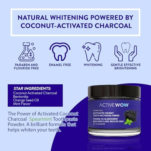 Active Wow Activated Coconut Charcoal Powder - Natural Whitening, Fluoride Free, Sulfate & Paraben Free, Spearmint Toothpaste Powder, 20g