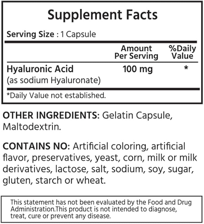 Premium Hyaluronic Acid 100 mg 240 Capsules. Supports Healthy Skin. Non-GMO