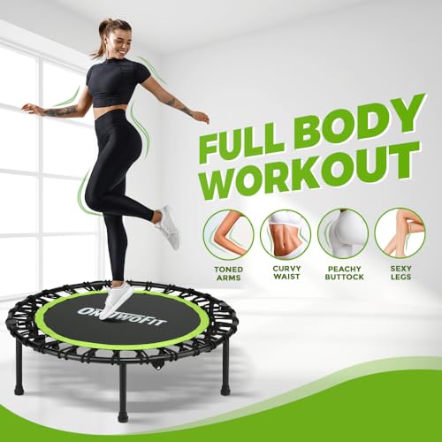 ONETWOFIT Foldable Rebounder Trampoline for Adults，45” Mini Fitness Trampoline, Stable & Quiet Exercise Trampoline with Durable Bungees Personal Indoor Garden Workout, Max Load 330lbs