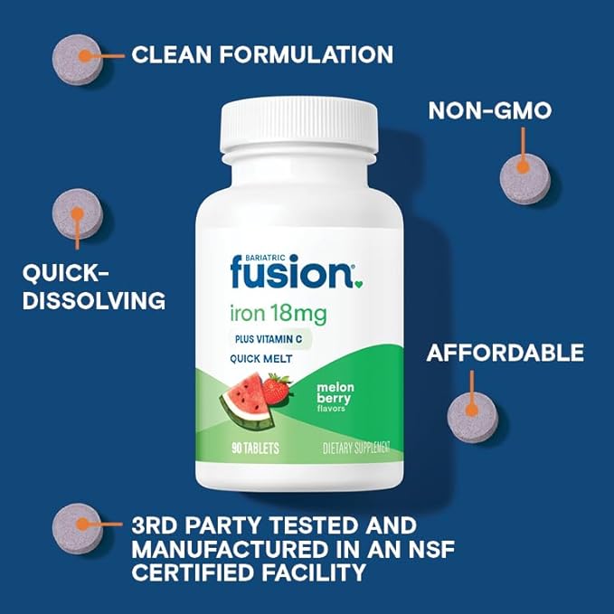 Bariatric Fusion Iron Supplement for Women Quick Melt | Sugar Free Dissolvable Chewable Iron Tablets | Ferrous Fumarate 18 mg Iron with Vitamin C | Melon Berry | Gluten, Dairy and Soy Free | 90 Count