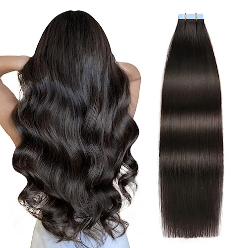 SUYYA Tape in Hair Extensions Natural Black 100% Remy Human 20 inches 20pcs 50g/pack Straight Seamless Skin Weft Hair(20 #1B Off Black)