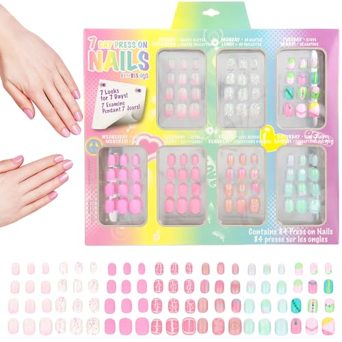 7 Day Manicure Collection - 84PC Press On Nail Set, Day-of-The-Week Adhesive False Nails for Girls (Set of Brights or Pastels) – Colorful Novelty Designs Stick On Nails for Kids