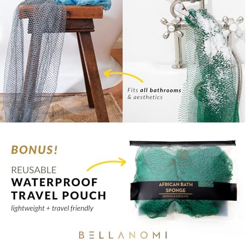 4 Piece African Exfoliating Net Sponge Long African Bath Sponge, Authentic Ethically Sourced from Nigeria, Great for Daily Use (Copper Brown, Orange, Green, Yellow)