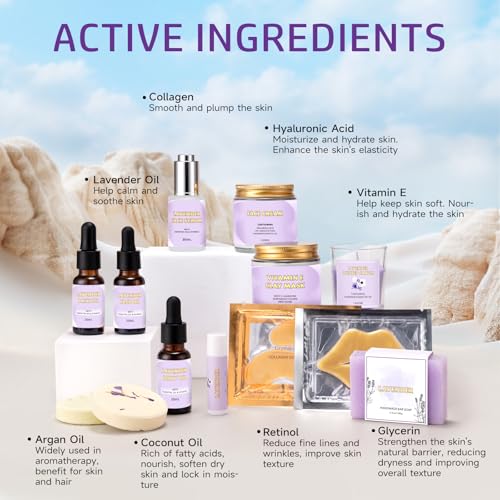 Facial Skin Care Set & Spa Kit, Lavender Spa Gifts for Women, Body & Facial Relaxation Kit, Mothers Day Gift Ideas, Self Care Gifts Birthday Christmas Gifts Includes Face Cream Oil Shower Accessories