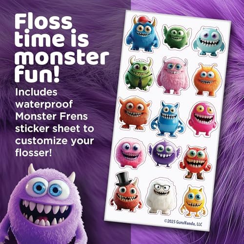GuruNanda Kids Water Dental Flosser - 4 Flossing Modes, 4 Nozzles, 2-Min Smart Timer, Ages 6+, Monster Frens Theme, Portable Oral Care for Kids