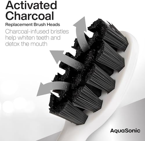 AquaSonic 2-Pack Activated Charcoal Brush Heads - Ultra Whitening Brush Heads - 2X Whitening & Stain Remover - for Black Series, Black Series Pro, Vibe Series, Duo Pro Series (White)