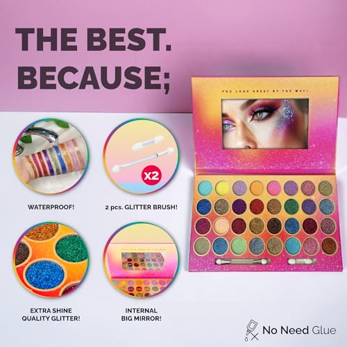 32 Colours Glitter Eyeshadow Palette, Make-Up Palette, Face and Body Glitter, glitter tattoos, festival accessories, Glitter Artistry Palette, Eye Shadow pallets for Women Girls Kids