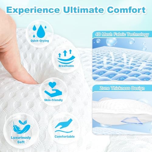 Bath Pillows for Tub, Bath Tub Pillow for Support Neck/Back/Shoulder, 6 Non-Slip Suction Cups & Hook & Soft 4D Air Mesh Fabric - Fits All Bathtubs Shapes