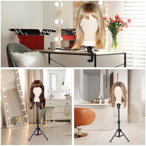 PWEOUKE 22 Inch Canvas Wig Head with Stand for Wigs ,Height Adjustable Wig Stand Tripod with Canvas Block Wig Head,Manikin Head Block Set for Cosmetology with Wig Stand and Storage Bag 22 Inch