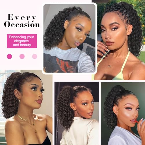 AISI BEAUTY Black Ponytail Extension 14 Inch Curly Drawstring Ponytail for Women Clip in Fake Ponytail Synthetic Curly Pony Tails Hair Extensions(Black)