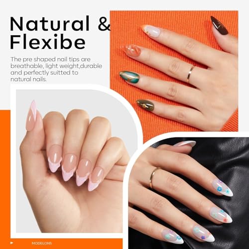 modelones Gel Nail Kit Almond, Upgrade 15Sizes Fake Nails, 9-in-One Glue Dehydrator & Mini U V Light Clipper, 510Pcs Medium Almond Press on Tips for Extension DIY Salon Home Gift