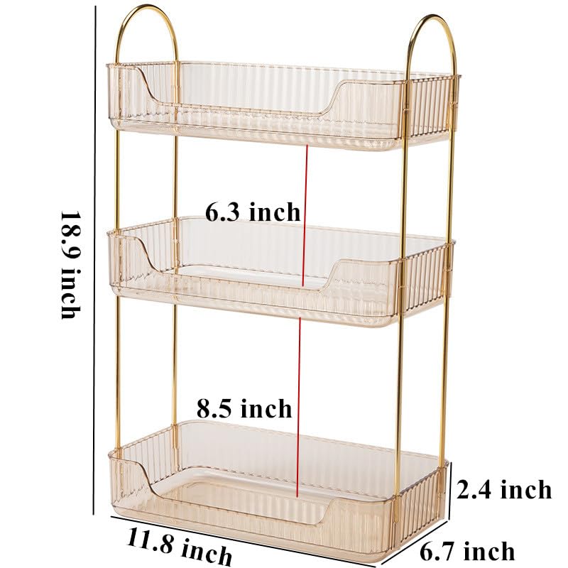 Bathroom Organiser Countertop, Vanity Trays for Bathroom, Skincare Makeup Organiser Shelf, Vanity Organiser, Bathroom Counter Shelf for Cosmetics, Toiletries, Lotions, Perfumes (3 Tiers, Amber)