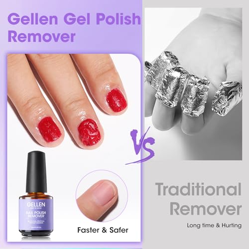 Gellen Gel Nail Polish Remover Kit, Gel Polish Remover for Nails with Liquid Latex Tape Cuticle Oil and Manicure Tools, Quick & Easy Gel Remover in 3-5 Minutes, No Soaking Or Wrapping