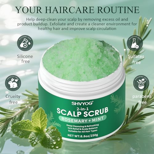 SHVYOG Scalp & Body Scrub, Rosemary Exfoliator Scrub Shampoo with Peppermint & Sea Salt, Anti-Dandruff Detox Clarifying Exfoliator for Build Up, Itchy Scalp, Oily & Dry Hair with Scalp Massager