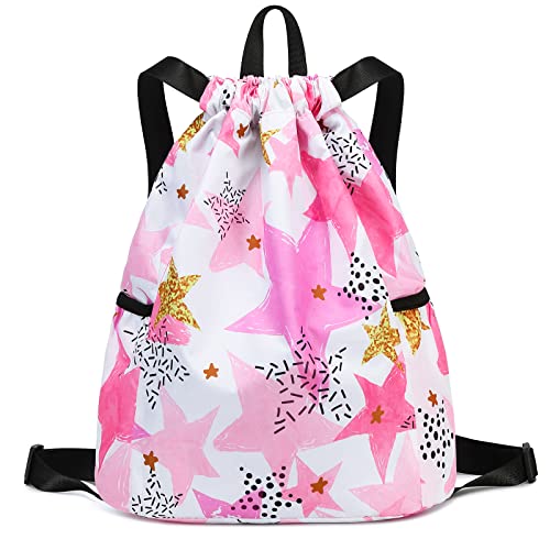 Ryushoyo Waterproof Drawstring Bag, Drawstring Backpack, Gym Bag Sackpack Sports Backpack for Women Girls Stars Pink