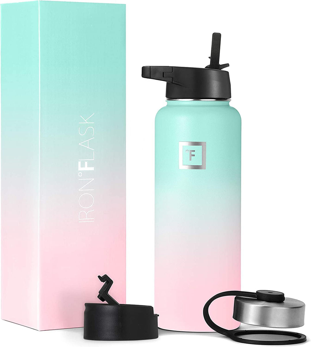 IRON °FLASK Camping & Hiking Hydration Flask, Wide Mouth, 3 Straw Lids, Stainless Steel Outdoor Water Bottle, Double Walled, Insulated Thermos, Metal Canteen - Bubble Gum, 40 Oz