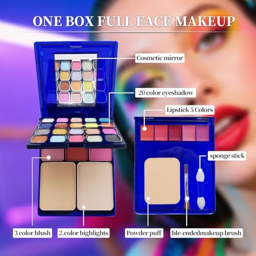 Eyeshadow Lipstick Blusher Makeup Box 20 Color Eyeshadow Palette 5 Lipstick 5 Blusher Set Full Face Makeup Kit with Cosmetic Mirror,Blush, Highlighter, Brushes & Sponge Personal Makeup Set