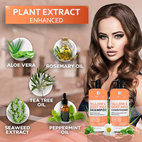 Beef Tallow Shampoo and Conditioner Set with Goat Milk - Sulfate Free Moisture for Women and Men - For Dry, Itchy Scalp - Hydrating, Thickening, Volume Care for Thinning Hair - 16.9 Fl Oz (Pack of 2)