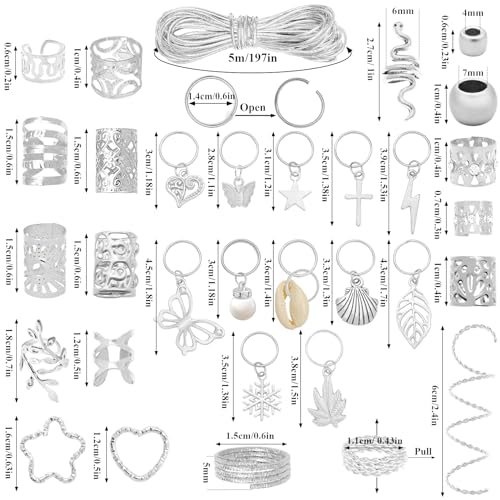 Fscwlmon 309Pcs Hair Jewelry for Women Braids,Hair Loc Cuff Coils Rings for Dreadlock Accessories,Locs Hair Tube Beads Decorations,Braid Clips Hair Charms Braids Accessories Silver