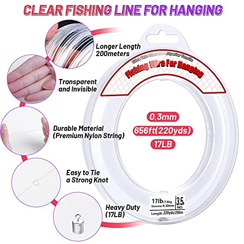 Fishing Line Clear, Acejoz 656FT Clear Fishing Wire for Hanging, 200 Meters 0.3mm Nylon String Supports 17 Pounds, Invisible Fishing Line for Balloon Garland Hanging Decorations Beading and Crafts…