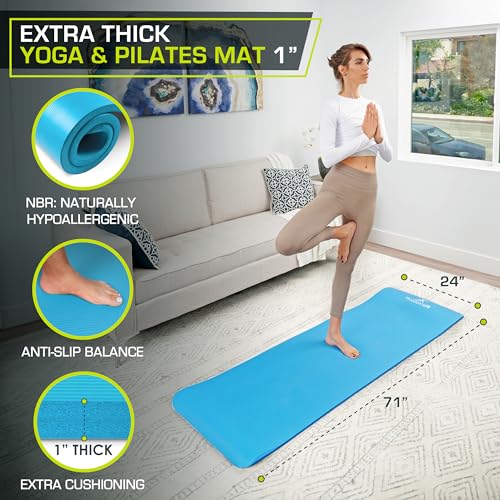 ProsourceFit Extra Thick Yoga and Pilates Mat ½” (13mm) or 1" (25mm), 71-inch Long High Density Exercise Mat with Comfort Foam and Carrying Strap, Aqua