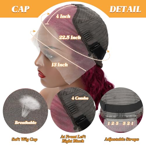 99j Burgundy Lace Front Wigs Human Hair 28 Inch Deep Wave Lace Front Wigs Human Hair Pre Plucked Red Curly Human Hair Wig 13x4 HD Colored Frontal Glueless Wet and Wavy Loose Deep Wave