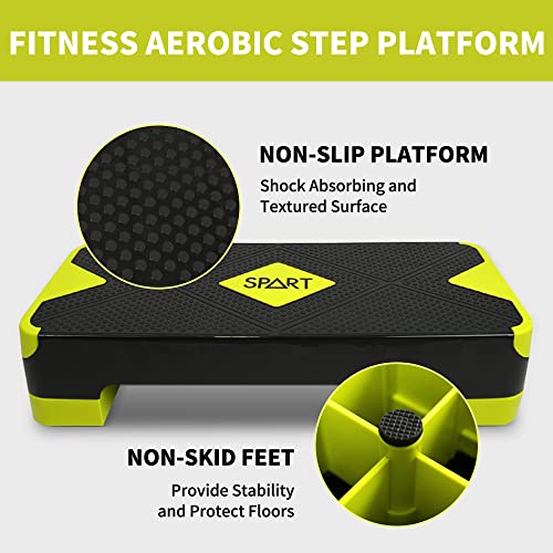 SPART Adjustable Workout Aerobic Stepper, Aerobic Exercise Step Platform with 4 Risers, 3 Levels Adjust 4" - 6" - 8", 26.77" Trainer Stepper with Non-Slip Surface For Home Gym, Black-Fluorescent Green