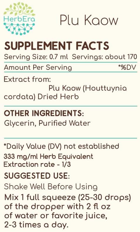 Plu Kaow B120 Alcohol-Free Herbal Extract Tincture, Concentrated Liquid Drops Natural Wildcrafted Yu Xing Cao (Houttuynia Cordata) Dried Herb (4 fl oz)