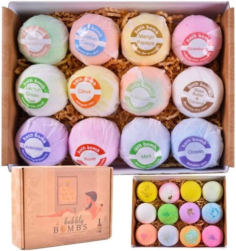 Bath Bombs Gift Set of 12, Natural Bath Bombs with Fizzes, Shea, Coco Butter, Scented Organic Bath Bomb, Gift Set for Women, Bath Bombs for Women