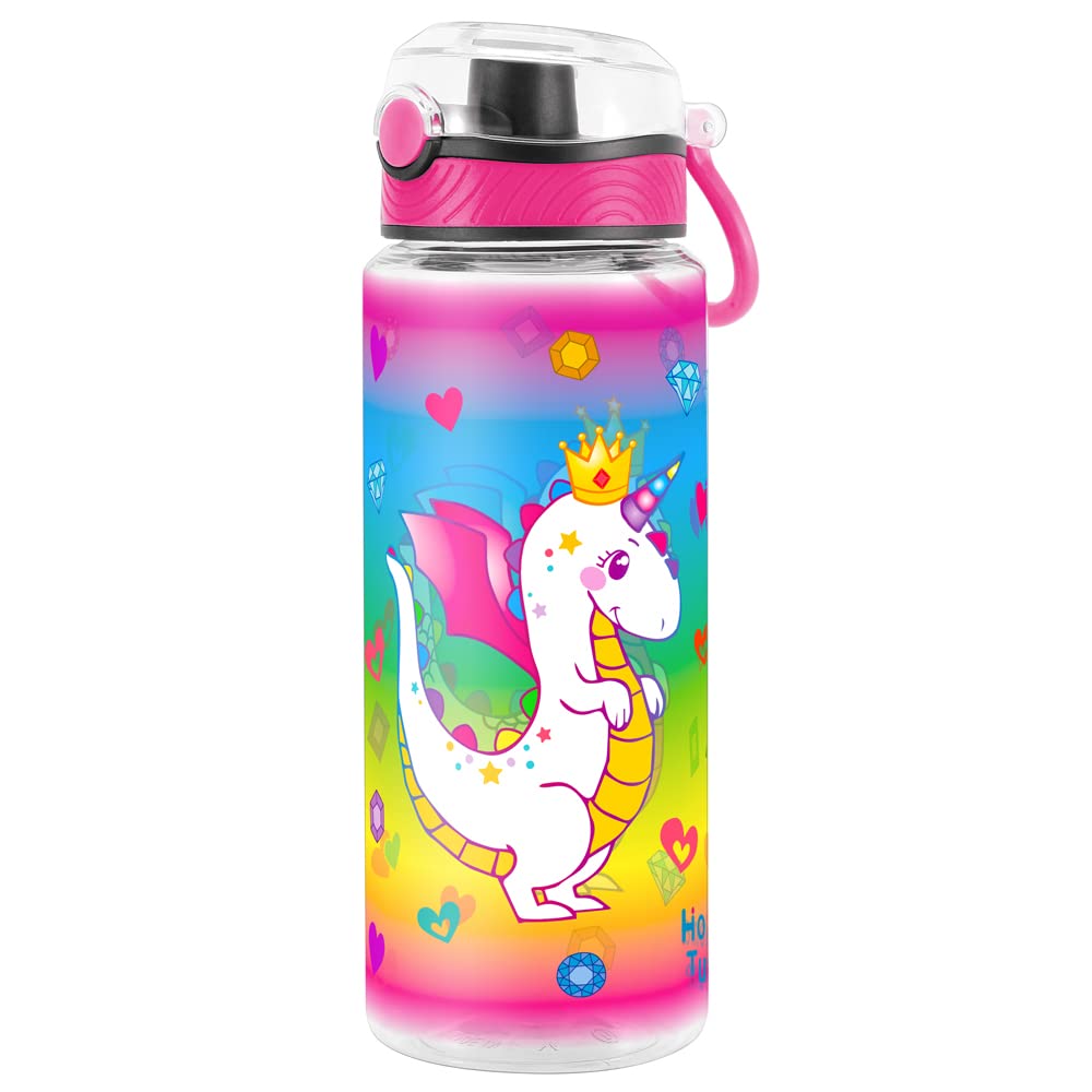 Cute Water Bottle for School Kids Girls, BPA FREE Tritan & Leak Proof & Easy Clean & Carry Handle, 23oz/ 680ml (Dragon)