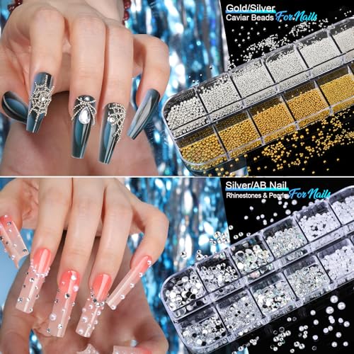 Teenitor Nail Charms Nail Stickers for Nail Art Kit, 8 Boxes Nail Rhinestones Nail Gems Pearls for Nails with 20 Sheets Nail Art Stickers, 3D Gold Nail Charms and Gems Nail Supplies Nail Art Tools