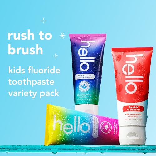 hello Kids Fluoride Toothpaste Variety Pack, Includes a Strawberry, Unicorn Bubble Gum, and Blue Raspberry Toothpaste, Safe for Ages 2 and Up, 3 Pack, 4.2 Oz Each