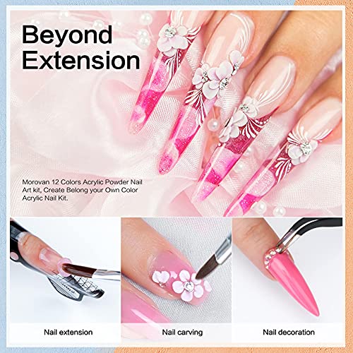 Morovan Acrylic Powder Set - 12 Colors Pure Color and Glitter Professional Polymer Nail Powder for Acrylic Nail Extension Carving