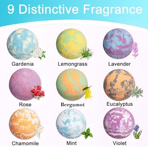 Bath Bomb for Women, 9pcs Handmade Bubble Bathbombs with Natural Essential Oils, Coco Butters, Holiday Gift for Mother, Wife, Girlfriend, Floral Scents, Rich Bubble and Relaxing Spa Bath