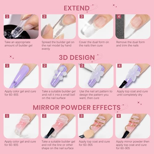 Solid Builder Gel for Nails Clear Nude White 3D Sculpture Nail Art Hard Gel with Chrome Powder for Carving Patterns Decoration Home Manicure DIY for Women