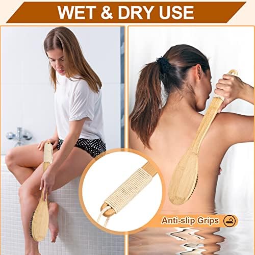 Exfoliating Back Scrubber for Shower with Curved Long Handle, 16.7 Inches Bamboo Body Brush with Natural Bristles for Wet or Dry Brushing, Body Exfoliator Back Washer Bath Tool for Men & Women