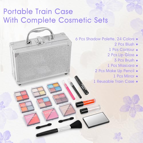 Makeup Kit for Teenager & Women Full Kit, All in One Makeup Set With The Small Cosmetic Train Case, Professional Makeup Kit, Makeup Gift Set for Women Girls (silver)