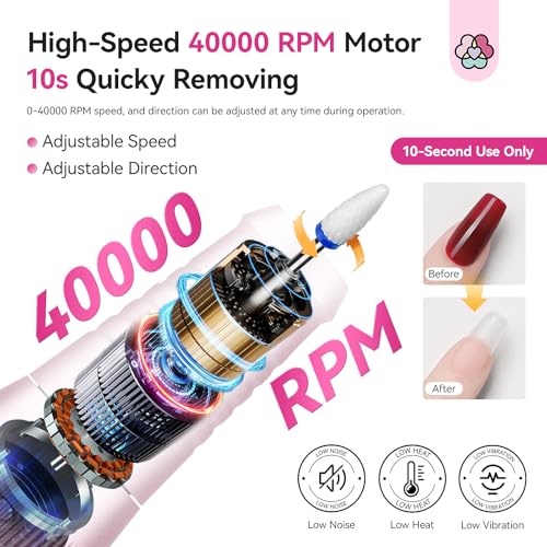 SAVILAND Professional Nail Drill 40000 RPM: Portable Diamond Nail Drill Kit Rechargeable 4000 mAh Electric Nail File for Thick Acrylic Nails with Ceramic Nail D rill Bits Sanding Bands Nail Tech Salon