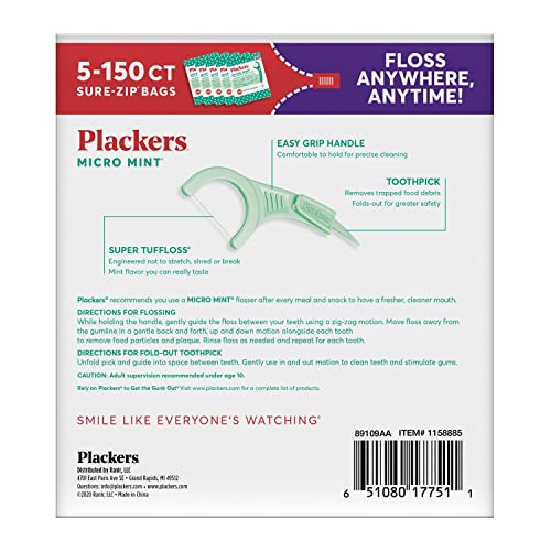Plackers Micro Mint Dental Flossers, Fold-Out Toothpick, Super Tuffloss, Easy Storage with Sure-Zip Seal, Fresh Mint Flavor, 750 Count (Pack of 5)