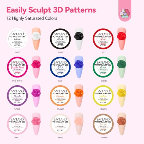 SAVILAND SSPro X 3D Nail Gel Set: 12 Colors Non-Sticky Soak Off 3D Sculpting Gel for Nail Art Painting Drawing Hand Carving Molding with Sculpture Pen for 3D Nail Art Design Home Salon Manicure DIY